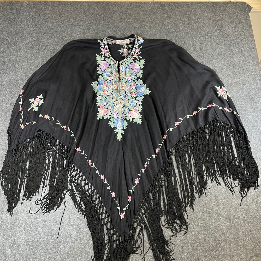 Sterling Styles Black Floral Embroidered Fringe Poncho One Size Rayon India Boho